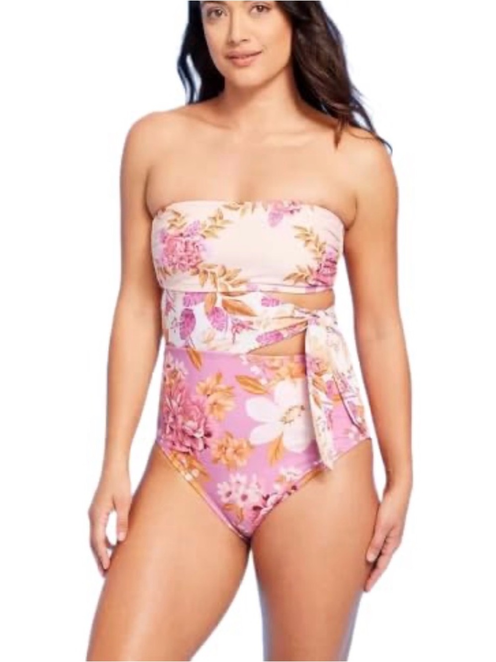 Target Pink Floral removable straps One-Piece Swimsuit with side bow